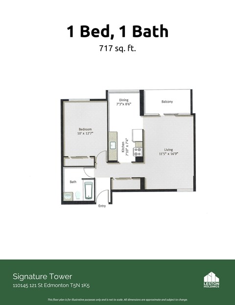 Floor plan for 1 bed, 1 bath, 717 sqft